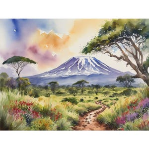 Mount Kilimanjaro Watercolor Painting, Tanzania Landscape Art Print, African Travel Poster, Nature Wall Art, Home Decor, Unique Gift