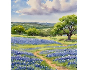 Texas Bluebonnet Watercolor Art Print – Hill Country Wildflowers Painting, Texas Landscape Wall Art, Rustic Nature Decor