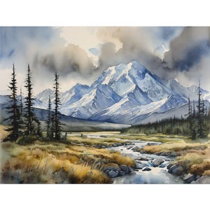 Denali National Park Watercolor Painting – Alaska Mountain Art Print, Travel Poster, Denali Landscape Wall Art, USA National Park Decor