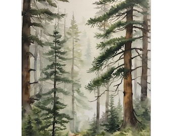 Watercolor Foggy Pine Forest Print – Misty Woodland Landscape Painting, Evergreen Pine Trees Poster, Nature Wall Art Decor