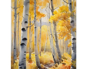 May include: Watercolor painting of a forest scene with tall, slender birch trees. The trees have white bark with dark markings and are surrounded by golden yellow foliage. A path winds through the trees, bathed in warm sunlight.