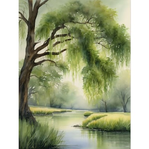 Willow Tree Watercolor Art Print, Lakeside Landscape Painting, Weeping Willow Wall Decor, Countryside Nature Poster, Botanical Green Art