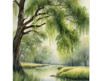 Willow Tree Watercolor Art Print, Lakeside Landscape Painting, Weeping Willow Wall Decor, Countryside Nature Poster, Botanical Green Art