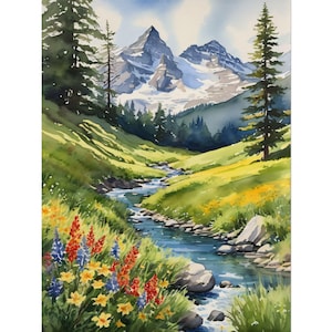 Watercolor Swiss Alps Print – Switzerland Mountain Stream Painting, Scenic River Landscape Poster, European Travel Art, Alpine Wall Decor afbeelding 1