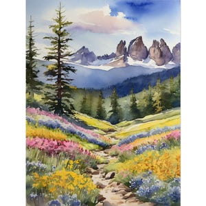 Three Sisters Mountains Watercolor Painting, Oregon Landscape Art Print, Mountain Valley & Pine Trees Wall Decor, Wildflower Hills Artwork
