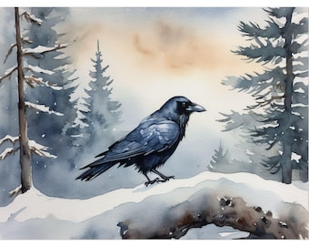Raven Watercolor Art Print, Snowy Pine Forest Landscape Painting, Black Bird Winter Wall Art, Rustic Woodland Nature Decor