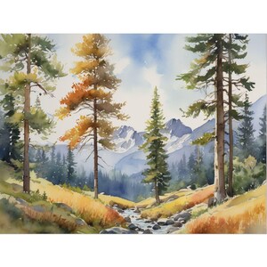Autumn Mountains Watercolor Art Print – Fall Mountain Landscape Painting, Pine Forest Stream Wall Art, Rustic Nature Cabin Decor