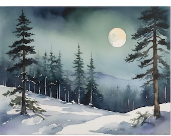 Moonlit Winter Forest Watercolor Art Print, Snowy Pine Tree Landscape Painting, Mystical Night Woodland Wall Art, Enchanted Nature Decor