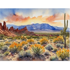 New Mexico Mountains Watercolor Painting, Sunset Landscape Wall Art, Albuquerque New Mexico Art Print, Mountain Giclée Poster