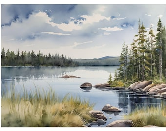 Boundary Waters Watercolor Art Print, BWCA Minnesota Lake Landscape, Pine Forest Shoreline, Northwoods Cabin Wall Art Decor
