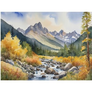 Autumn Mountain River Watercolor Art Print, Fall Forest Landscape Painting, Pine Tree Nature Wall Art, Rustic Cabin Decor