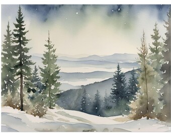 Winter Mountain Watercolor Art Print, Snowy Pine Forest Landscape Painting, Rustic Cabin Christmas Decor
