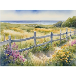 Cape Cod Watercolor Painting – Beach Scene Art Print, Coastal Seaside Wall Decor, Wildflower Ocean Landscape Art, Beach House Artwork