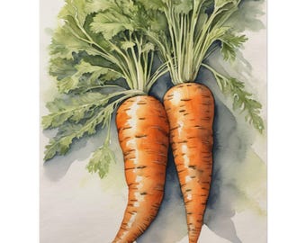 May include: Two orange carrots with green leafy tops, painted in watercolor on a white background.