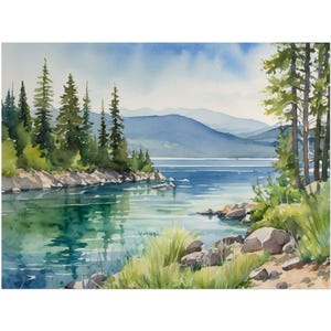 Flathead Lake Watercolor Painting, Montana Landscape Art Print, Pine Forest & Lake Wall Art, Nature Decor, Wildflowers Grass Poster