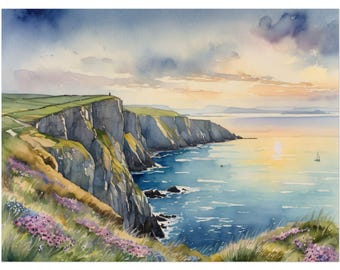 May include: A watercolor painting of a rocky coastline with a dramatic sky. The cliffs are green and brown, and the water is a deep blue. The sun is setting in the distance, casting a golden glow over the scene.