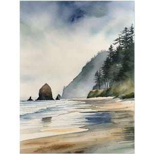 May include: A watercolor painting of a rocky coastline with a large rock formation in the foreground. The sky is cloudy and the water is calm. There are trees on the hillside in the background.