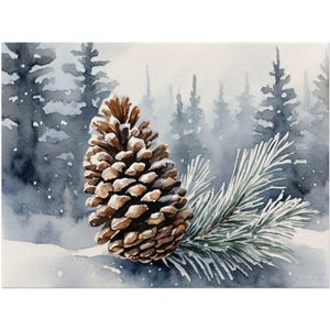 Pine Cone and Branch Watercolor Art Print, Evergreen Tree Wall Decor, Snowy Forest Painting, Winter Nature Print, Christmas Cabin Wall Art image 1