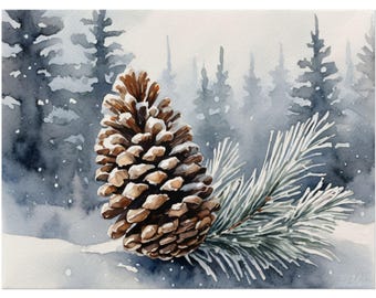 May include: Watercolor painting of a pine cone and a snow-covered pine branch. The pine cone is brown, and the branch is green with white accents. The background features a snowy forest in shades of blue and gray.