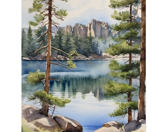 Custer State Park Wall Art, South Dakota Lake Watercolor Print, Pine Forest Landscape, Nature Travel Poster, Calming Mountain Decor