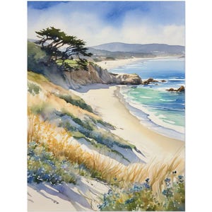 Carmel Beach Art Print, California Coast Landscape Painting, Pebble Beach Wall Art, Big Sur Watercolor, Coastal Decor, Travel Poster Bild 1