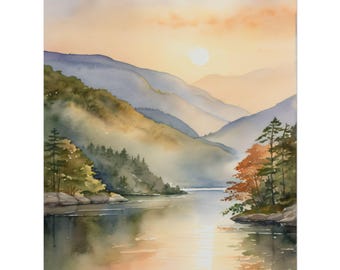 Hudson River Watercolor Art Print – New York Landscape Painting, Hudson Valley Lake, Scenic Nature Wall Decor, Travel Poster