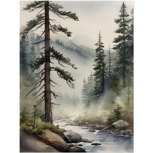 Mountain River Watercolor Painting, Pine Forest & Misty Landscape Art Print, Blue Green Wall Decor, Minimalist Nature Wall Art image 1