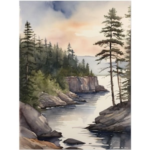 Lake Superior Watercolor Art Print – Pine Forest Landscape, Great Lakes Shoreline Painting, National Park Poster, Outdoor Travel Decor