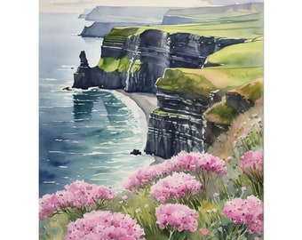 Cliffs of Moher Painting, Thistle Watercolor Print, Irish Coastal Landscape, Emerald Isle Wall Art Decor, Seascape Artwork, Travel Gift