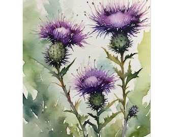 Thistle Watercolor Painting, Scottish Wildflowers Art Print, Purple Flowers Wall Art, Floral Decor, Wildflower Landscape Poster