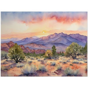 New Mexico Mountains Watercolor Painting, Sunset Landscape Wall Art, Albuquerque New Mexico Art Print, Mountain Giclée Poster