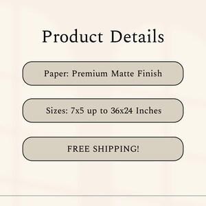 May include: Product details for prints: Premium matte finish paper, sizes from 7x5 inches to 36x24 inches, free shipping.