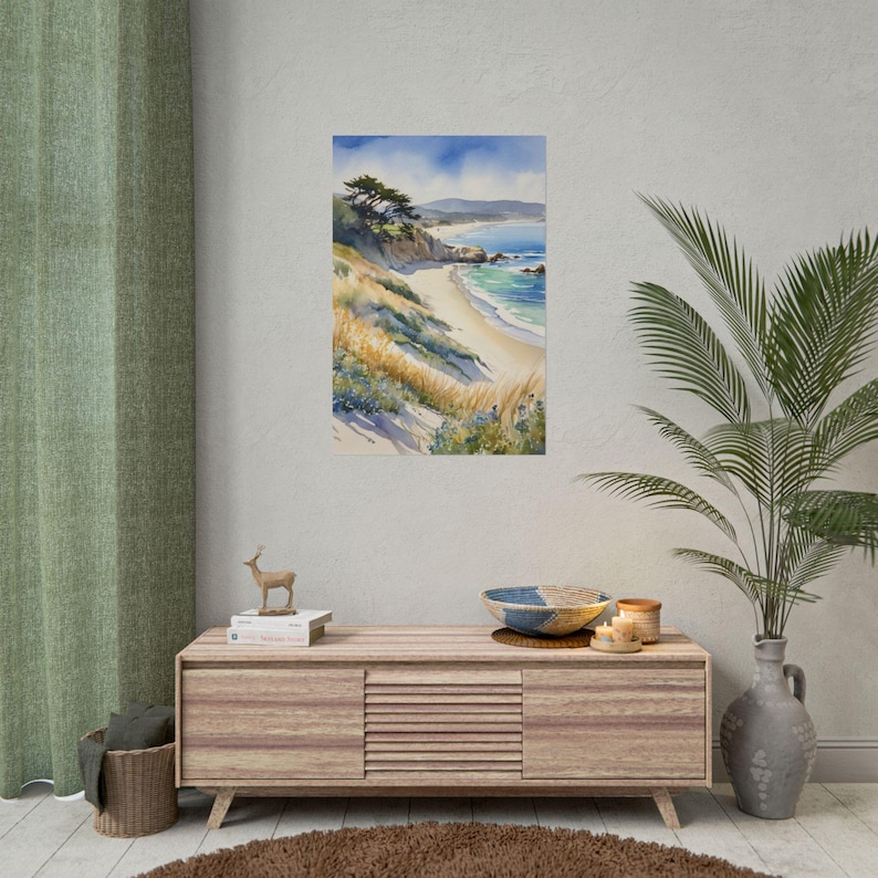 Carmel Beach Art Print, California Coast Landscape Painting, Pebble Beach Wall Art, Big Sur Watercolor, Coastal Decor, Travel Poster Bild 3