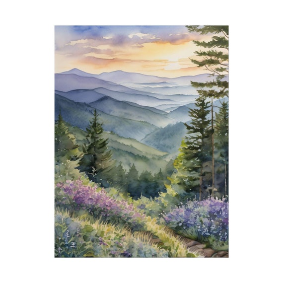 Smoky Mountains Painting – Spring Wildflowers Watercolor Art Print, Appalachian Landscape Poster, Mountain Forest Wall Art Decor
