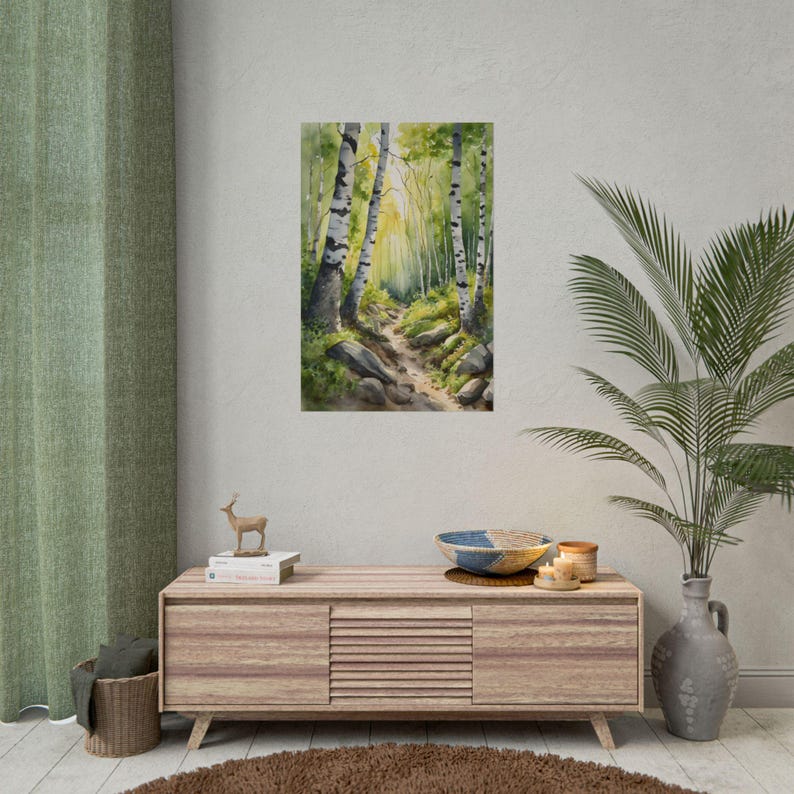 Forest Path Watercolor Art Print, Birch & Aspen Trees Painting, Nature ...