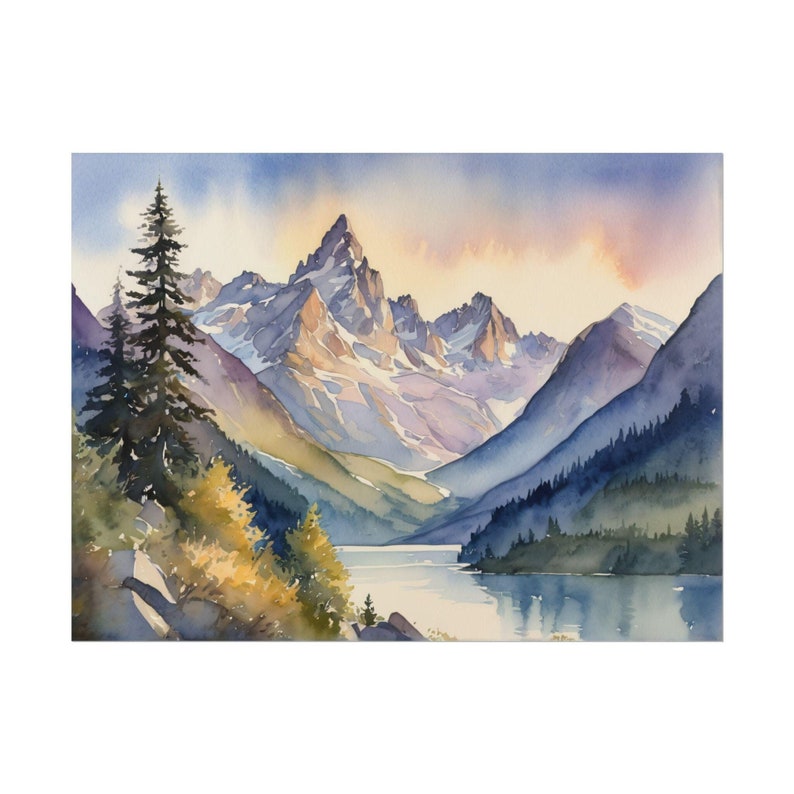 Watercolor Swiss Alps Print – Switzerland Mountain Lake Painting, Scenic Pine Landscape Poster, European Travel Art, Alpine Wall Decor image 1