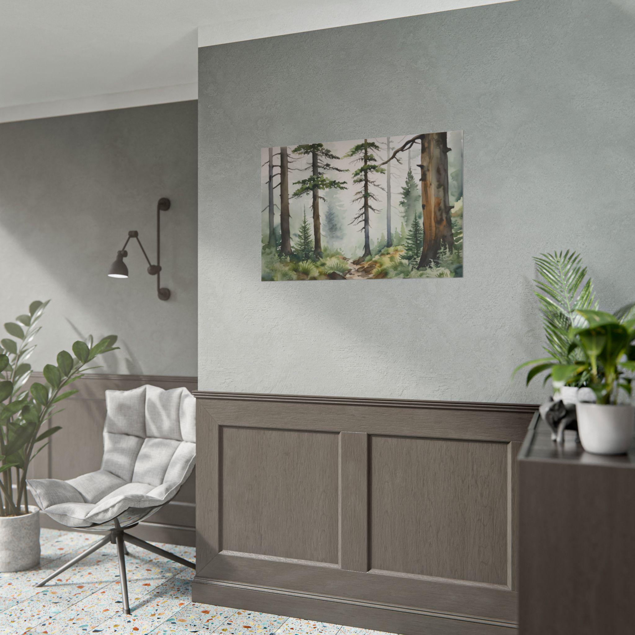 Watercolor Foggy Pine Forest Print – Misty Woodland Landscape Painting ...