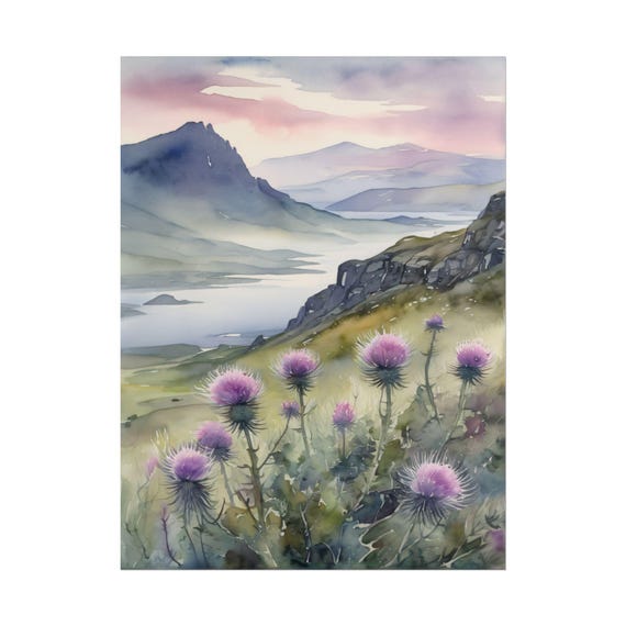 Thistle Watercolor Painting – Scottish Landscape Art Print, Isle of Skye Poster, Scottish Highlands Flowers Wall Decor, Scotland Wall Art