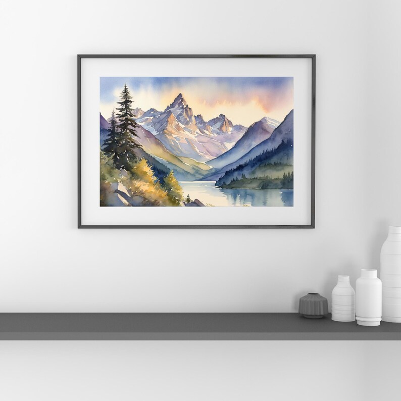 May include: Watercolor painting of a mountain range with a lake in the foreground. The mountains are a light purple and blue color, and the lake is a dark blue. The sky is a light blue with a pink and orange sunset.