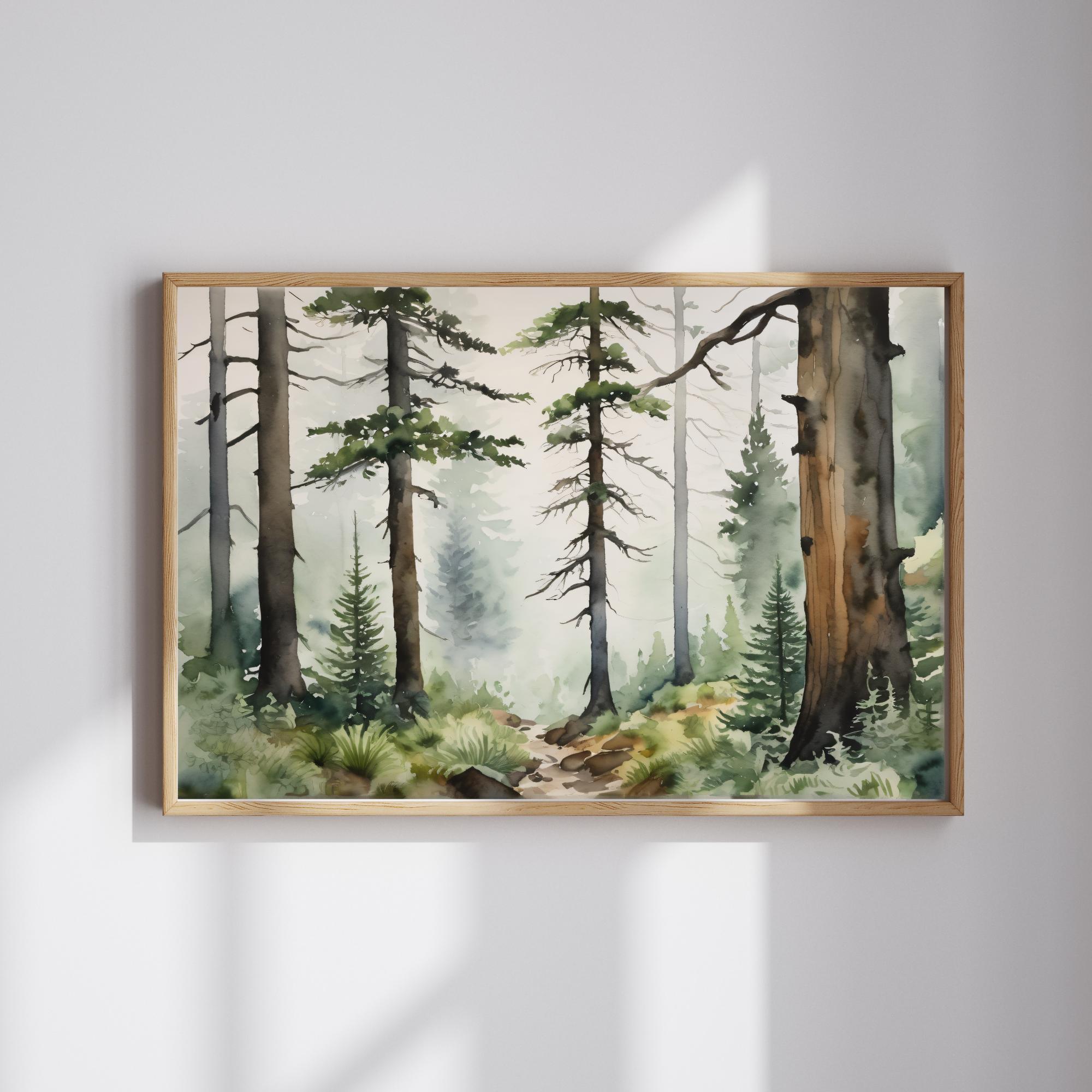 Watercolor Foggy Pine Forest Print – Misty Woodland Landscape Painting ...