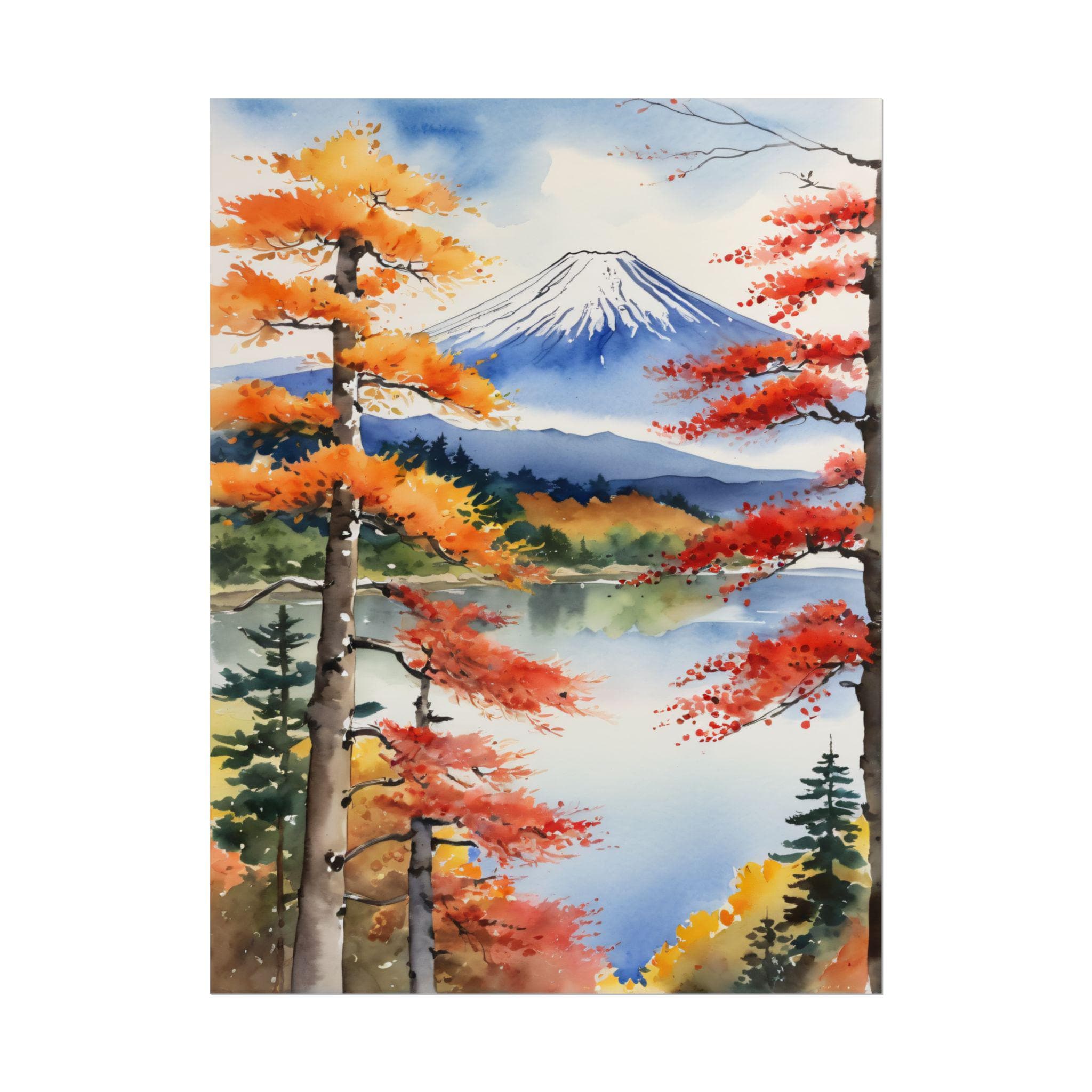 Mount Fuji Fall Watercolor Art, Autumn Landscape & Japanese Maple Print ...