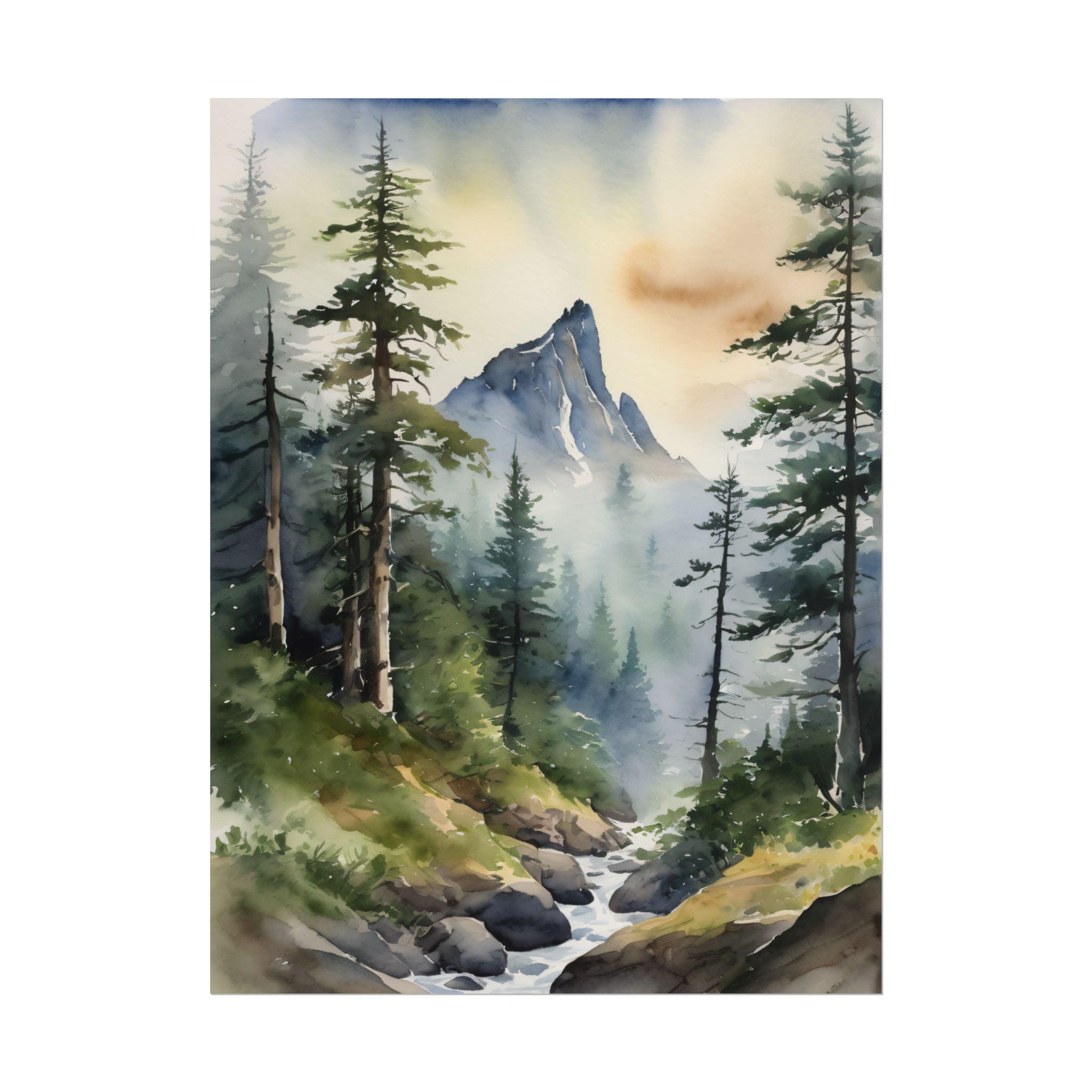 Mountain Forest Watercolor Painting, Pine Trees & Misty Mountain ...