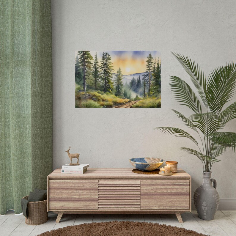 Idaho Forest Painting, Pine Watercolor Art Print, Misty Landscape Wall Art, Evergreen Trees Artwork, National Park Art, Nature Wall Decor afbeelding 3