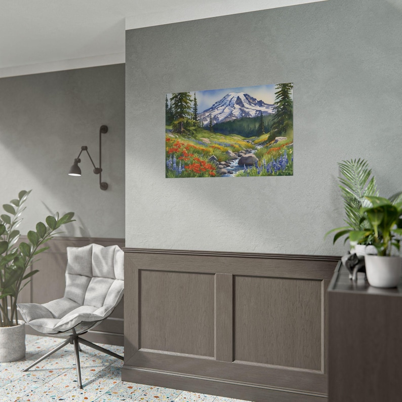 Mount Rainier Watercolor Art Print – National Park Landscape, River Mountain Painting, Washington Wall Decor, Wildflower Travel Poster, image 5