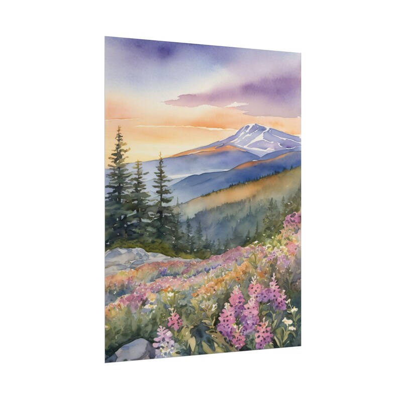 Mount Washington Watercolor Painting, Pine Forest Mountain, Travel-Inspired Wall Art, Wildflowers Print, New Hampshire Landscape Art Decor image 4