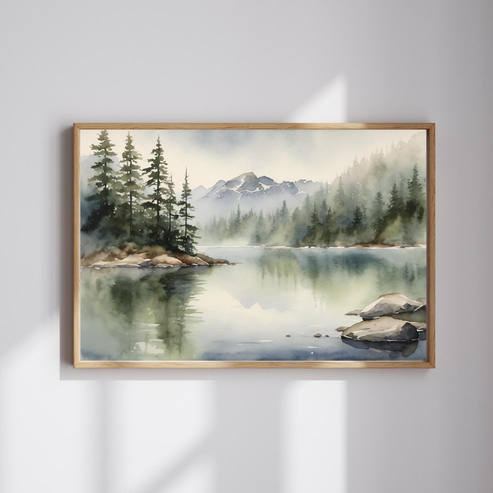 Mountain Lake Watercolor Painting, Pine & River Landscape Art Print ...