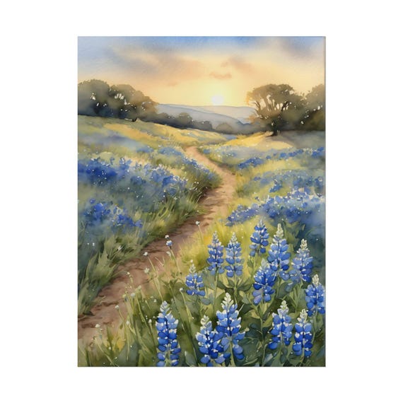 Texas Bluebonnet Watercolor Art Print – Hill Country Wildflowers Painting, Texas Landscape Wall Art, Rustic Nature Decor