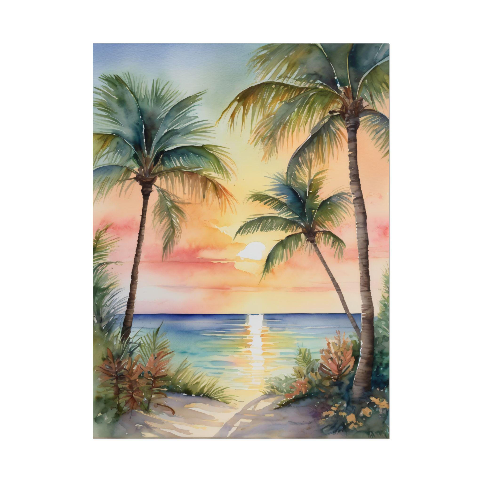 Florida Key West Art, Palm Tree Watercolor Painting, Sunset Tropical Wall Decor, Florida Landscape Print,  Beach Vacation Decor