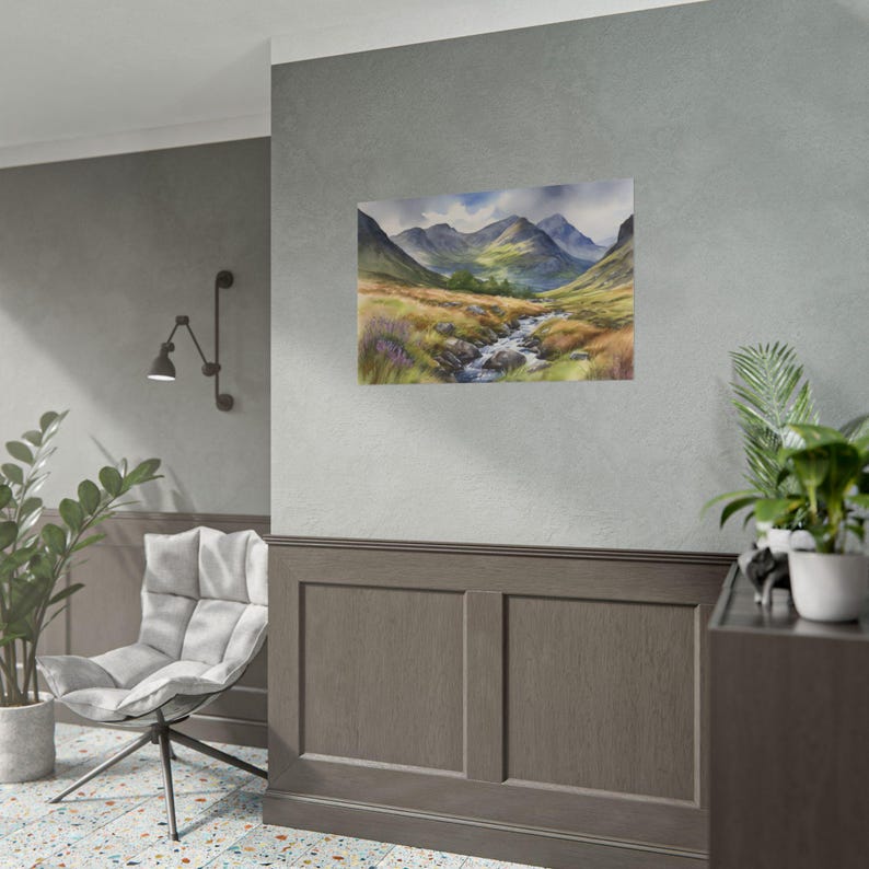 Acuarela de Glencoe, arte mural de Escocia, obra de arte de un arroyo de montaña, impresión de viaje de Glencoe, impresión de paisaje escénico, decoración del hogar imagen 5