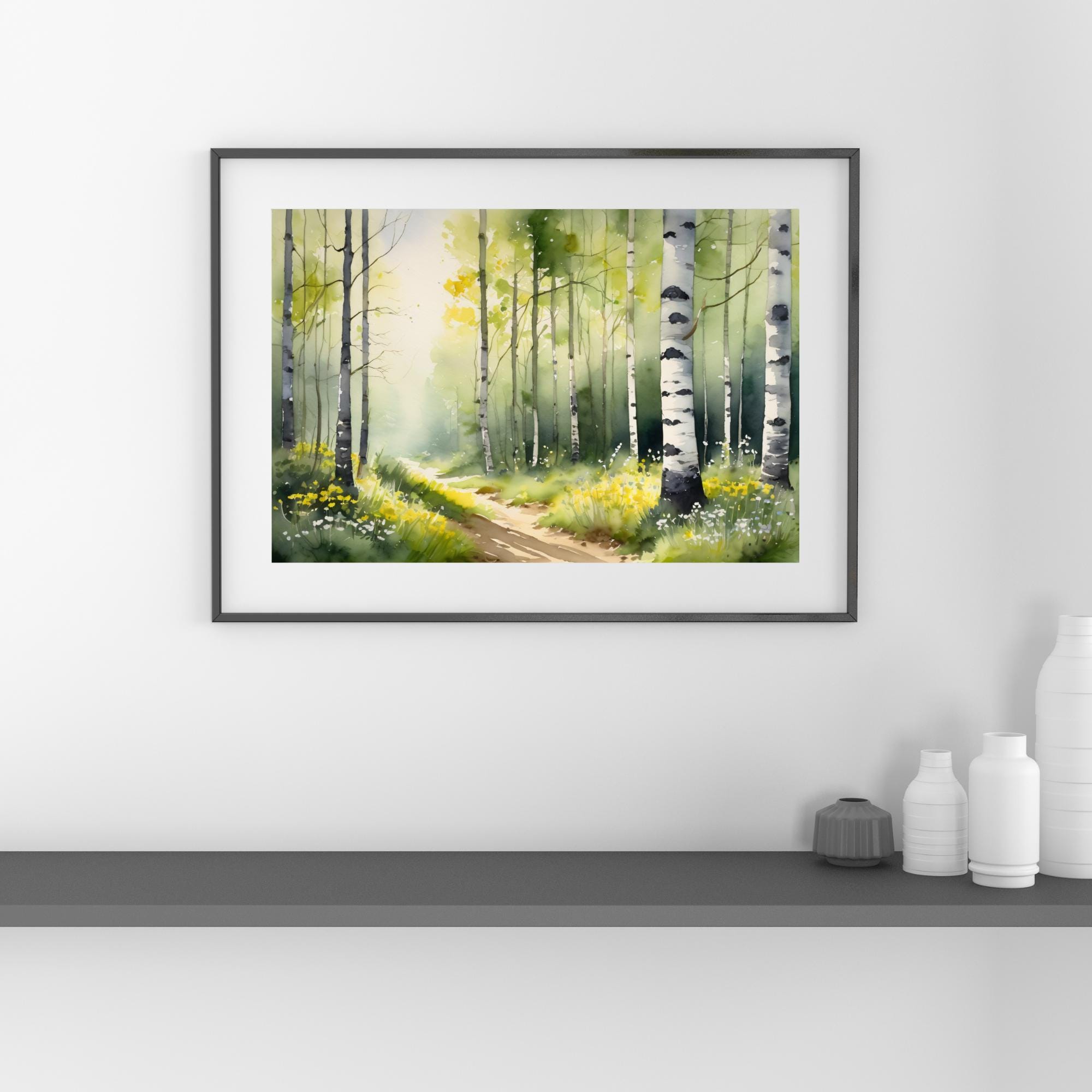 Forest Path Watercolor Art Print, Birch & Aspen Trees Painting, Nature ...